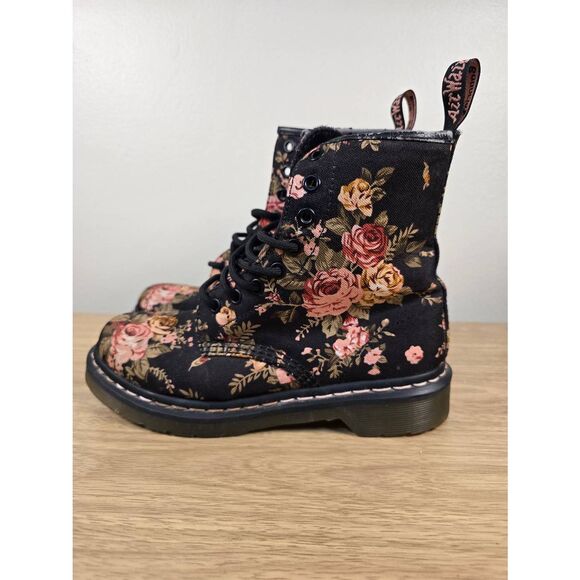 Dr. Martens Shoes - Dr Martens Docs 1460 Victorian Flowers 8 Eye Boots Black Pink Canvas Size 7